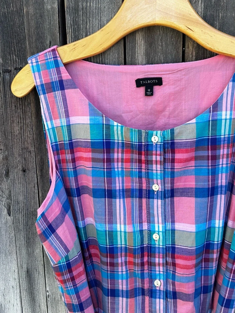Talbots Madras Plaid Button Front Shirtdress Belted Cotton Pink Blue 12 - Picture 5 of 16